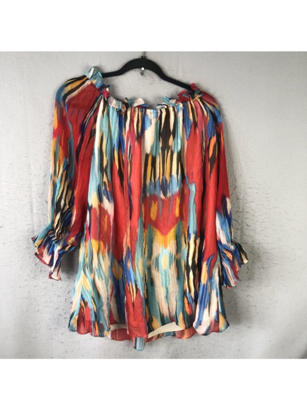 Vintage Collection Tunic Top Womens L Multicolor Abstract Ruffle Chiffon Boho - Picture 2 of 16